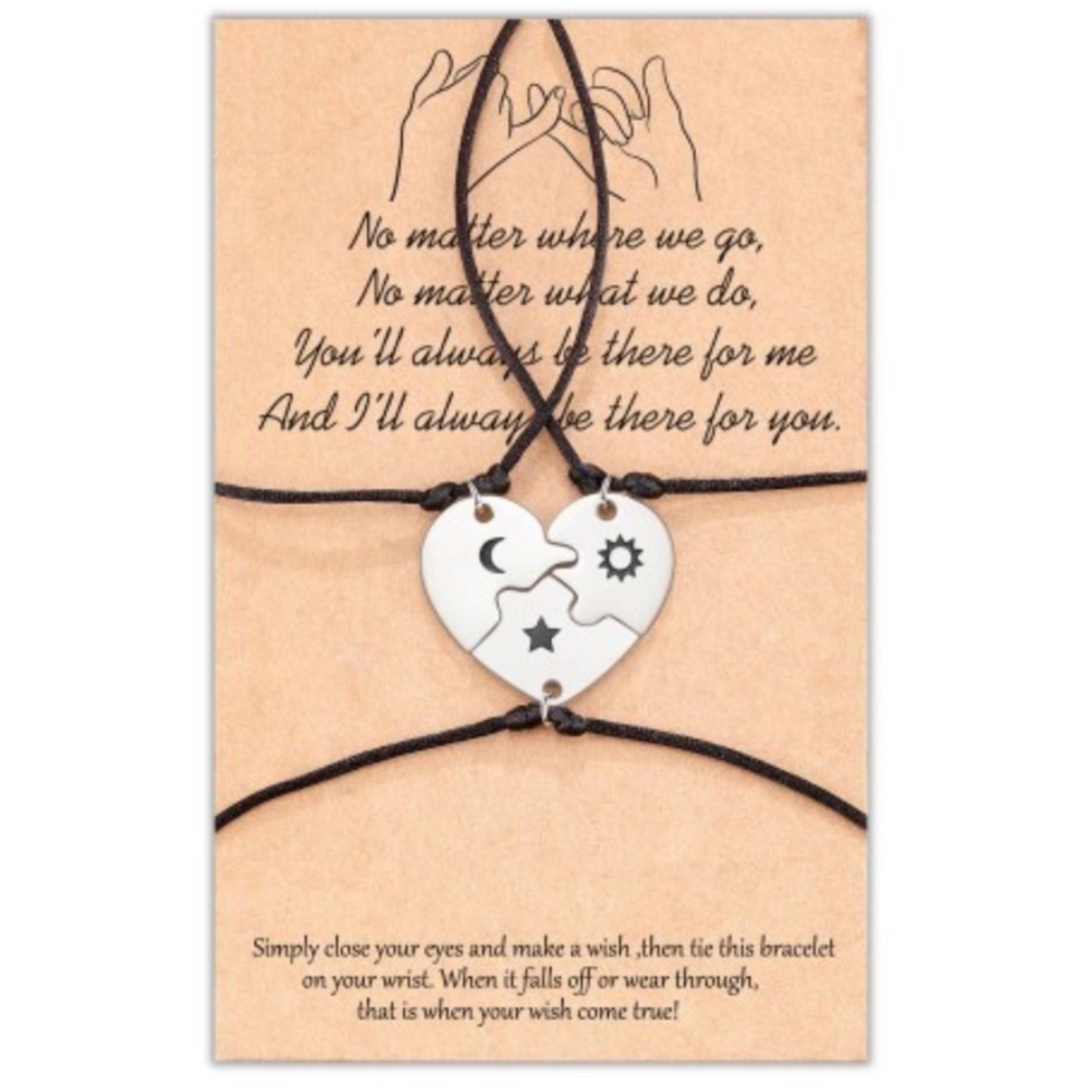 Matching Puzzle Heart Bracelets 3 BFF Friendship/Sister/Mother Sun Moon Star